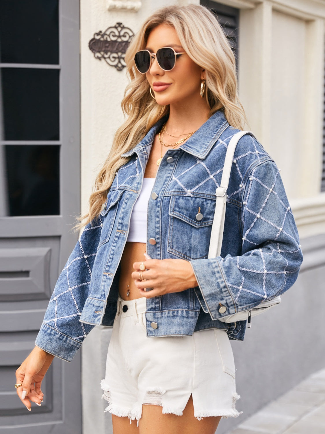 Women’s Pearl Trim Long Sleeve Denim Jacket