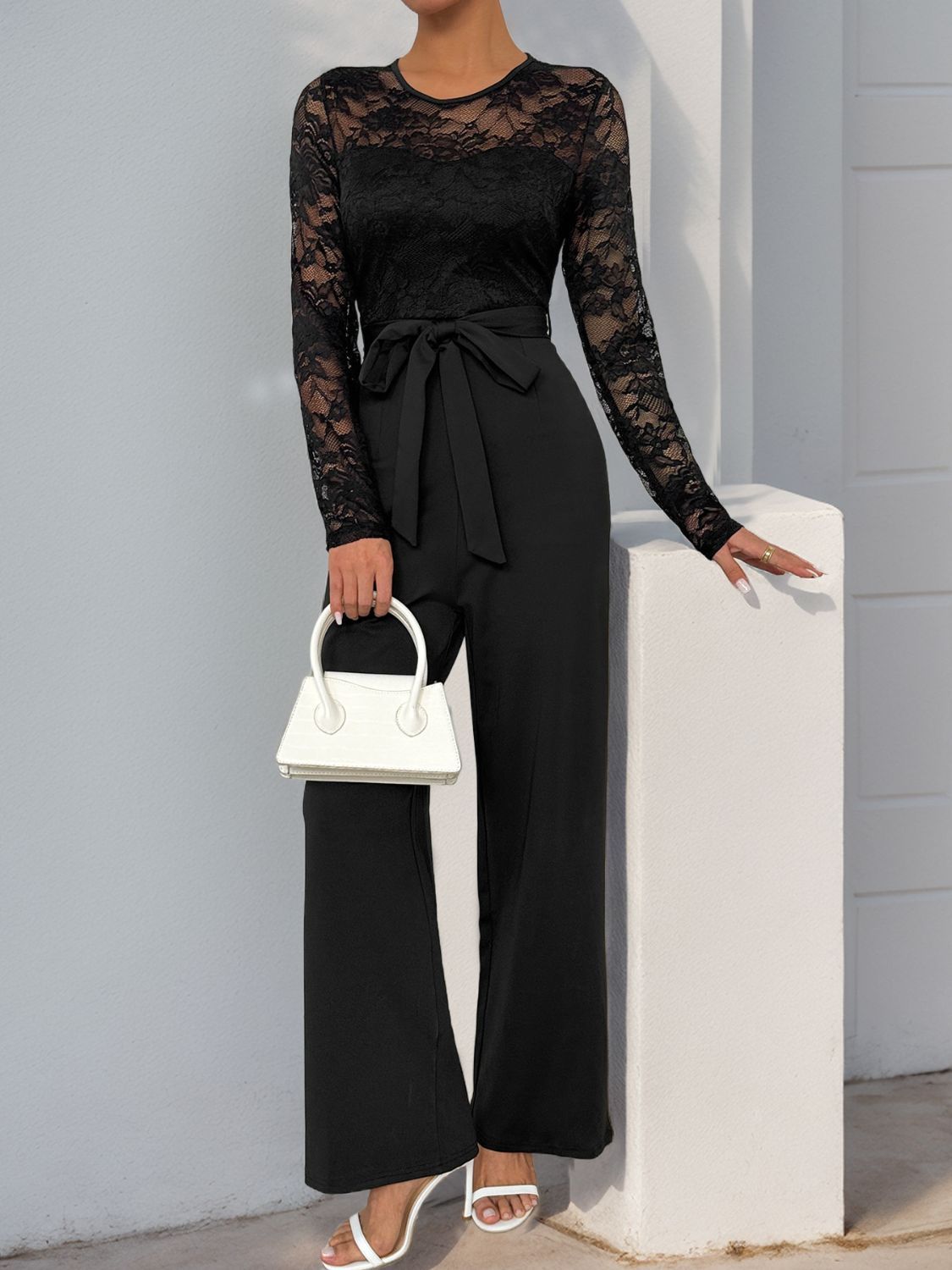 Women’s Lace Round Neck Long Sleeve Jumpsuit