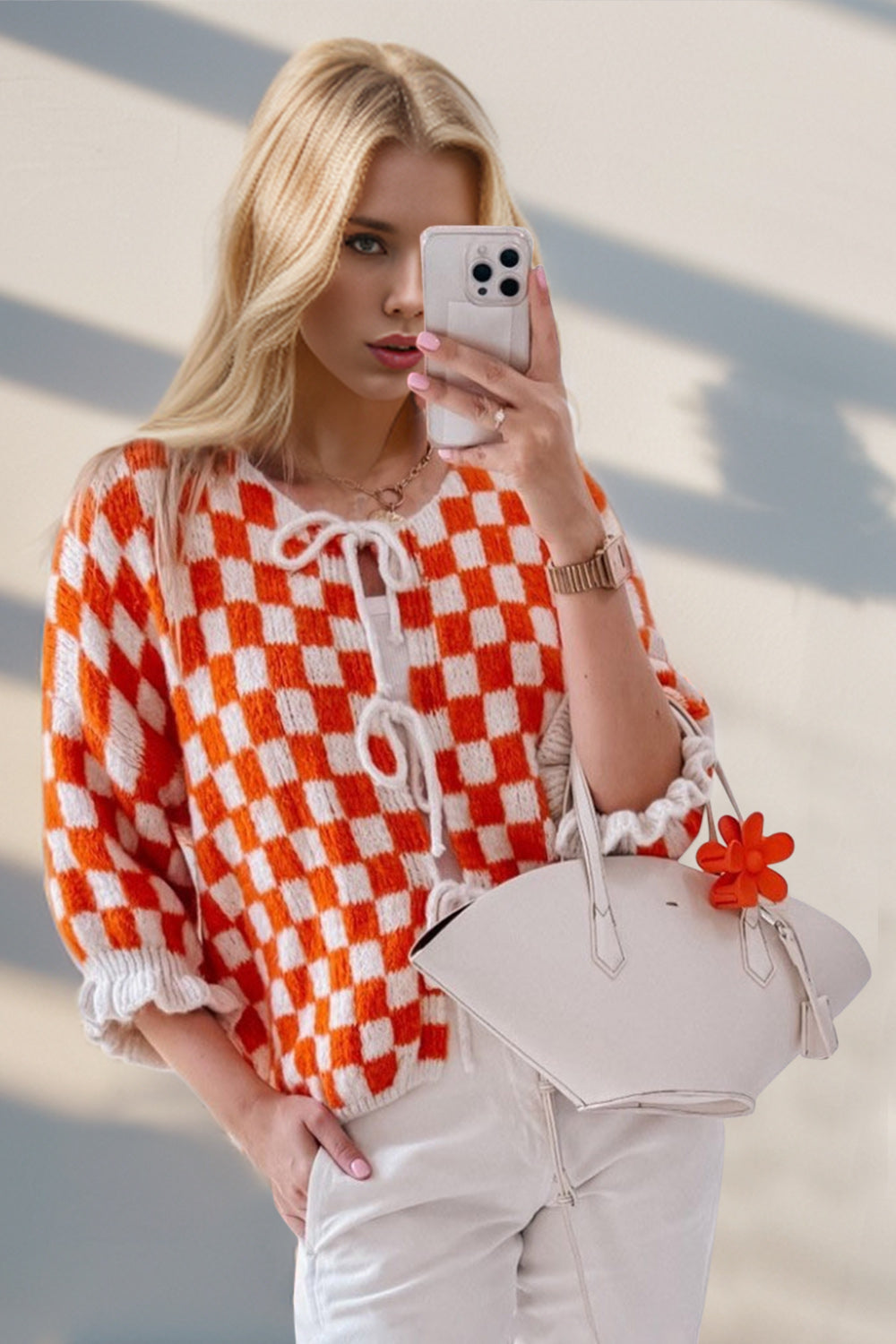 Women’s Checkered Dropped Shoulder Flounce Sleeve Cardigan