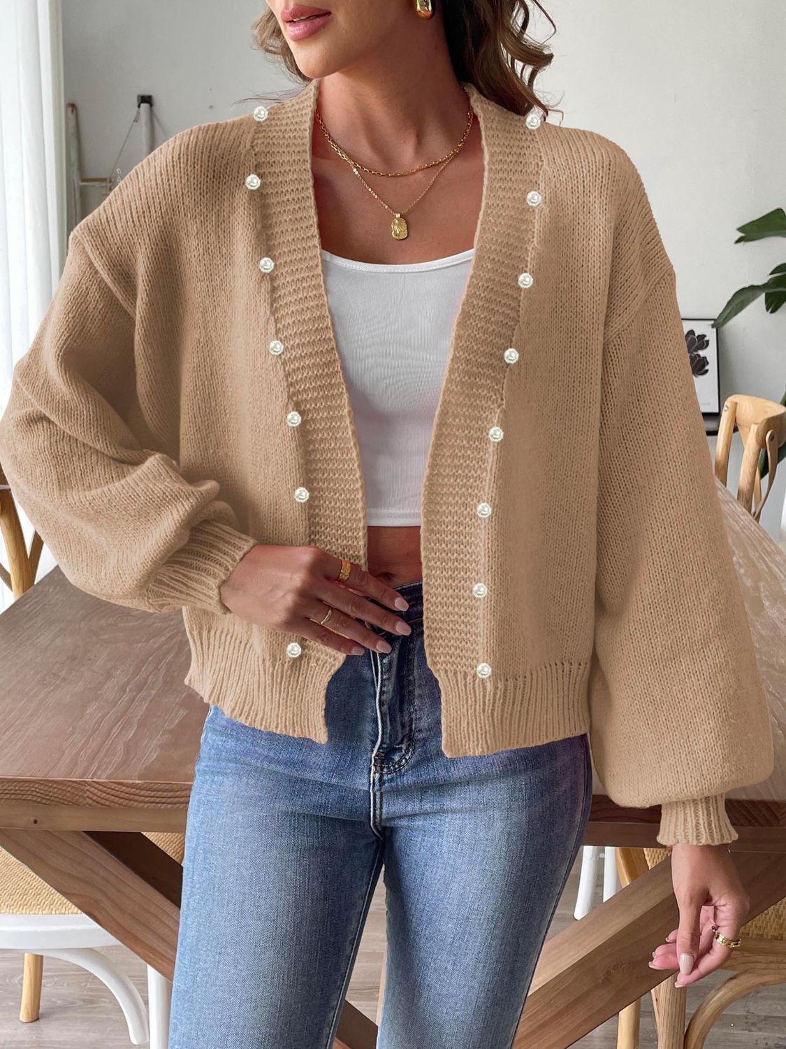 Pearl Open Front Long Sleeve Cardigan.