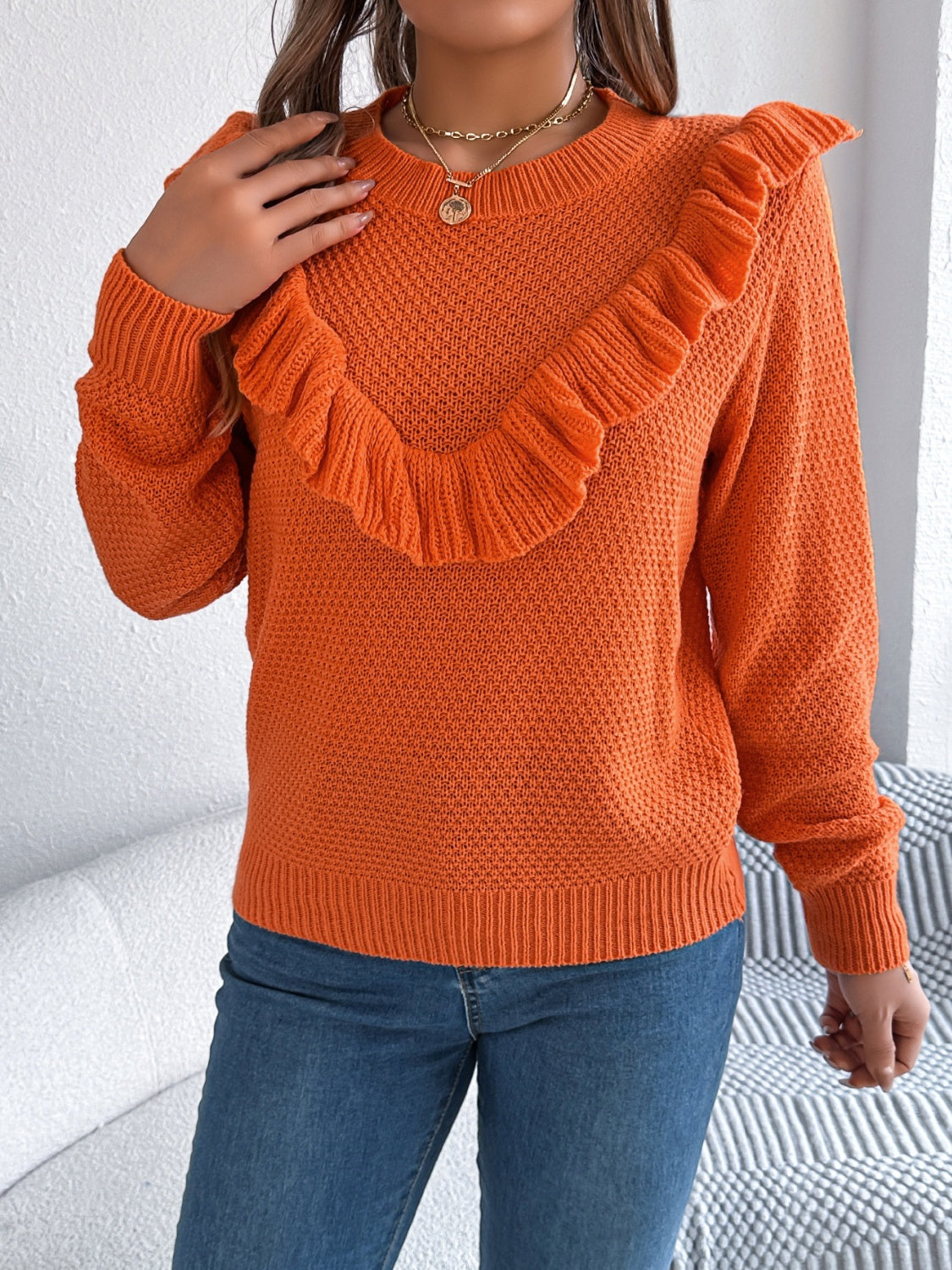 Women’s Ruffled Round Neck Long Sleeve Sweater