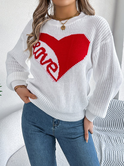 LOVE Heart Round Neck Dropped Shoulder Sweater