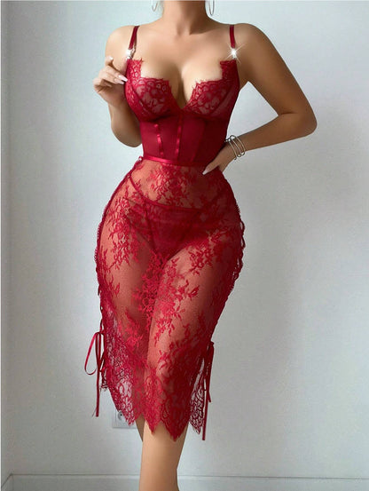 Lace Hollow Red Sexy Topless Sheath Sexy Lingerie Dress