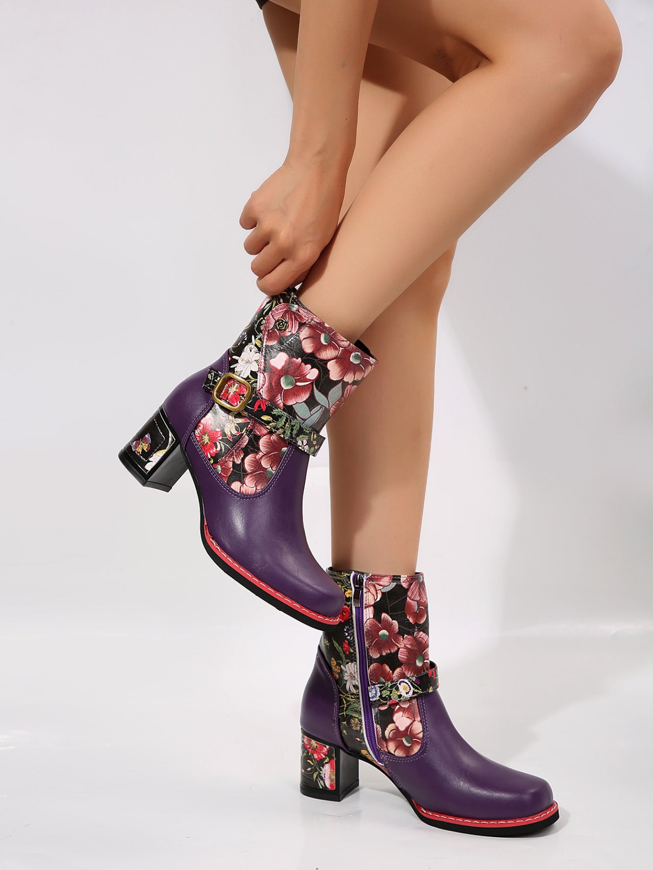 PU Leather Flower Block Heel Boots