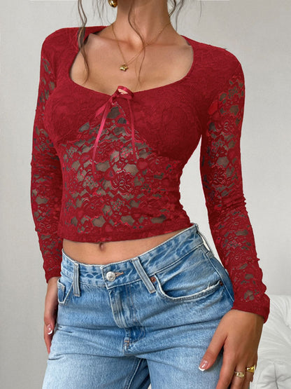 Scoop Neck Long Sleeve Lace Top