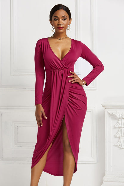 Women’s High-low Ruched Surplice Long Sleeve Dress.