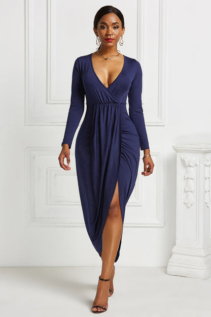 Women’s High-low Ruched Surplice Long Sleeve Dress.