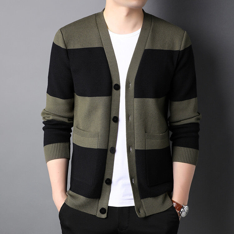 Men's Striped Cardigan Single-breasted Long Sleeve.