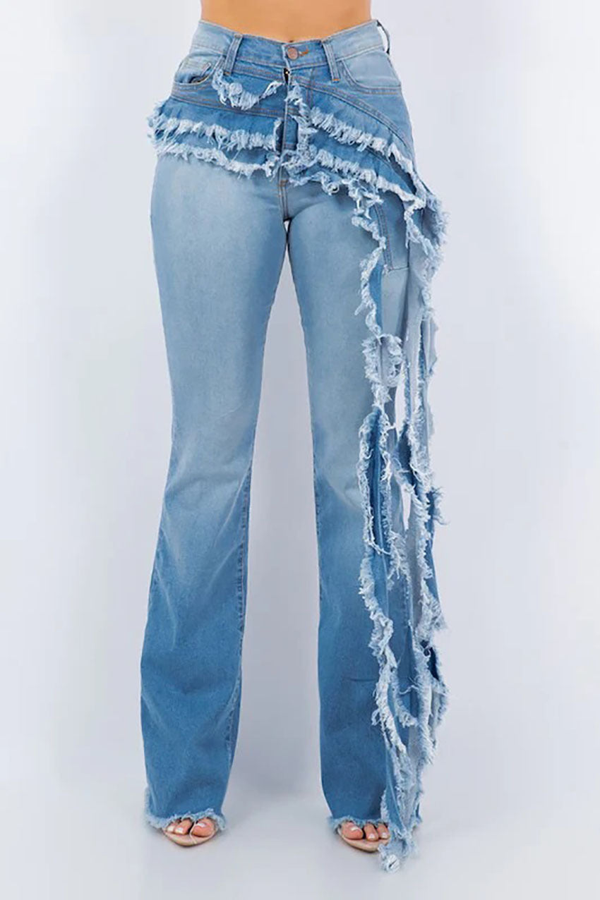 Washed And Frayed Long Streamer Stretch Jeans