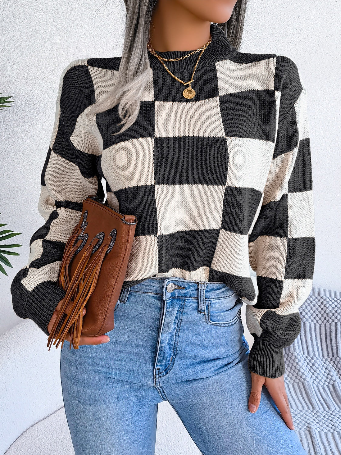 Women’s Checkered Long Sleeve Sweater