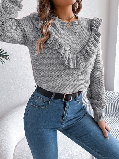 Women’s Ruffled Round Neck Long Sleeve Sweater