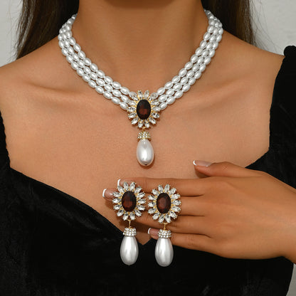 Geometric Women's Pearl Necklace And Earrings Suite