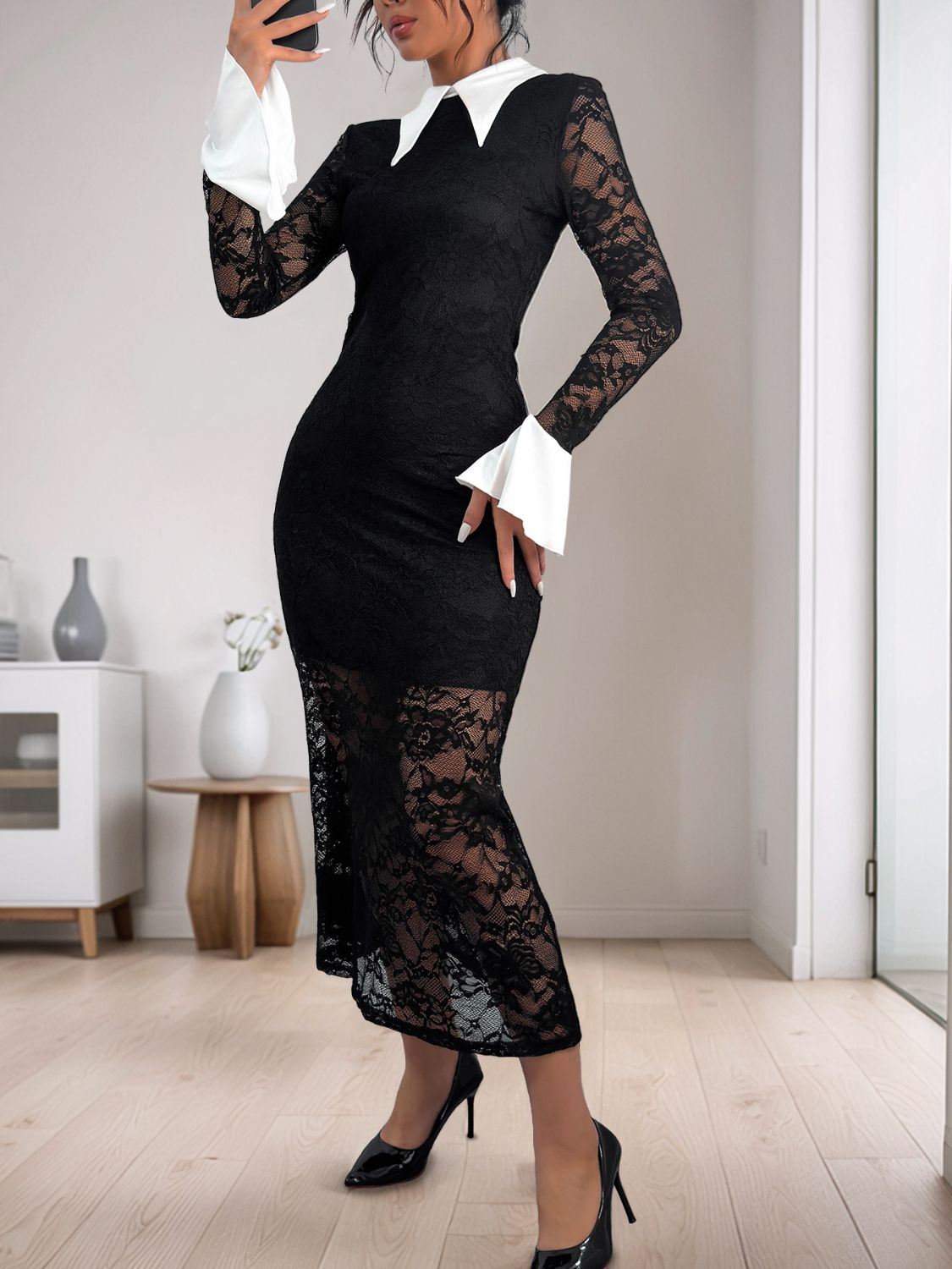 Lace Contrast Collared Neck Long Sleeve Midi Dress.