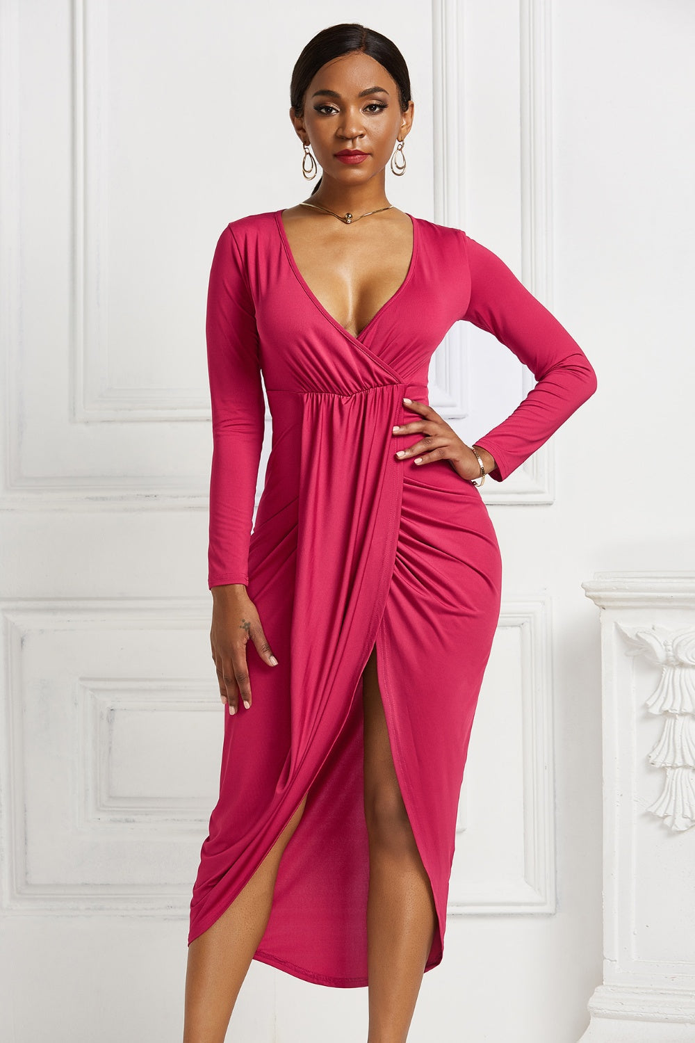 Women’s High-low Ruched Surplice Long Sleeve Dress.