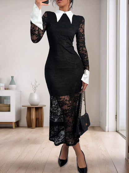 Lace Contrast Collared Neck Long Sleeve Midi Dress.