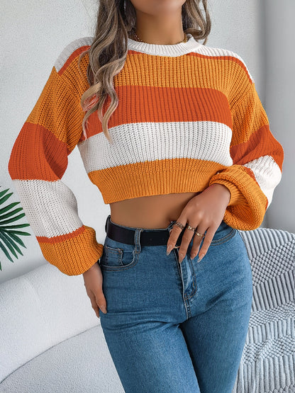 Women’s Color Block Round Neck Cropped Sweater