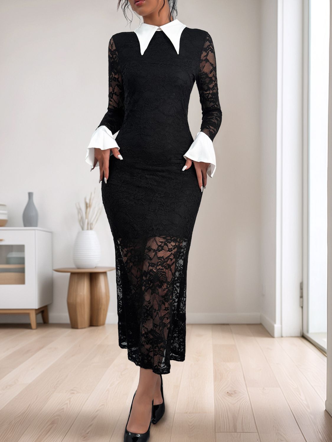 Lace Contrast Collared Neck Long Sleeve Midi Dress.