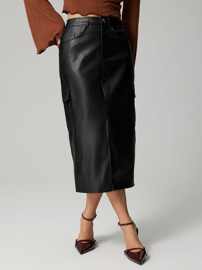 Slit Midi Skirt with Pockets