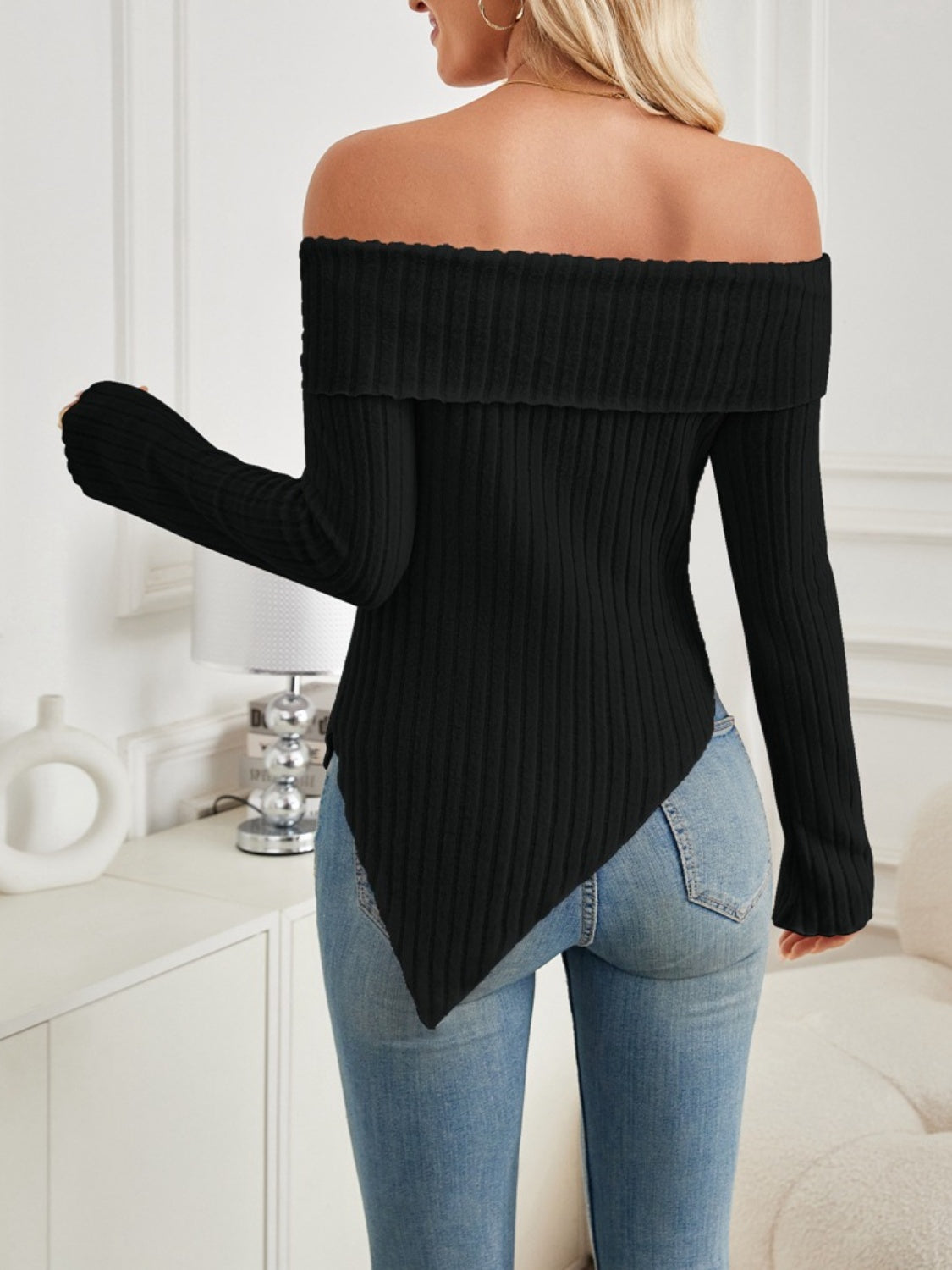 Ribbed Off-Shoulder Long Sleeve T-Shirt