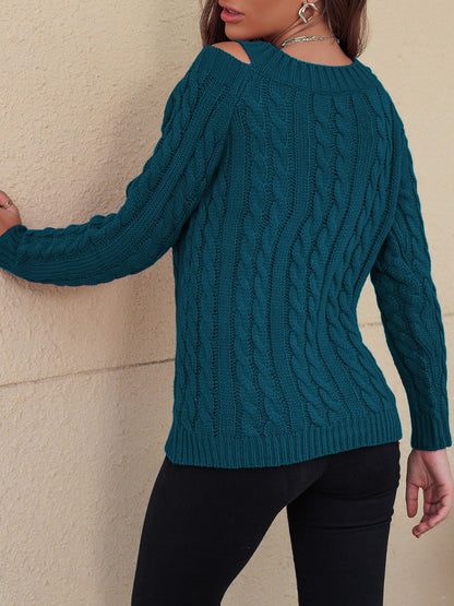 Honey Cable-Knit V-Neck Cold Shoulder Sweater.