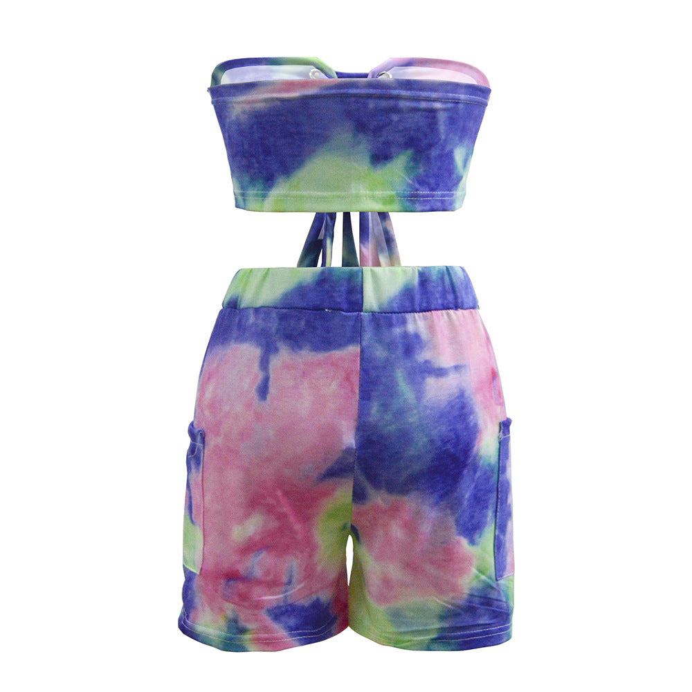 Tie-dye Printed Lace-up Tube Top /Shorts