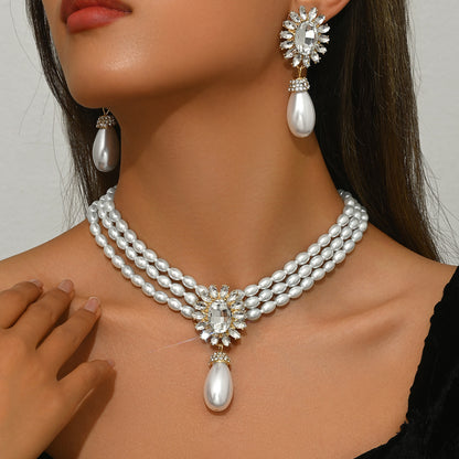 Geometric Women's Pearl Necklace And Earrings Suite