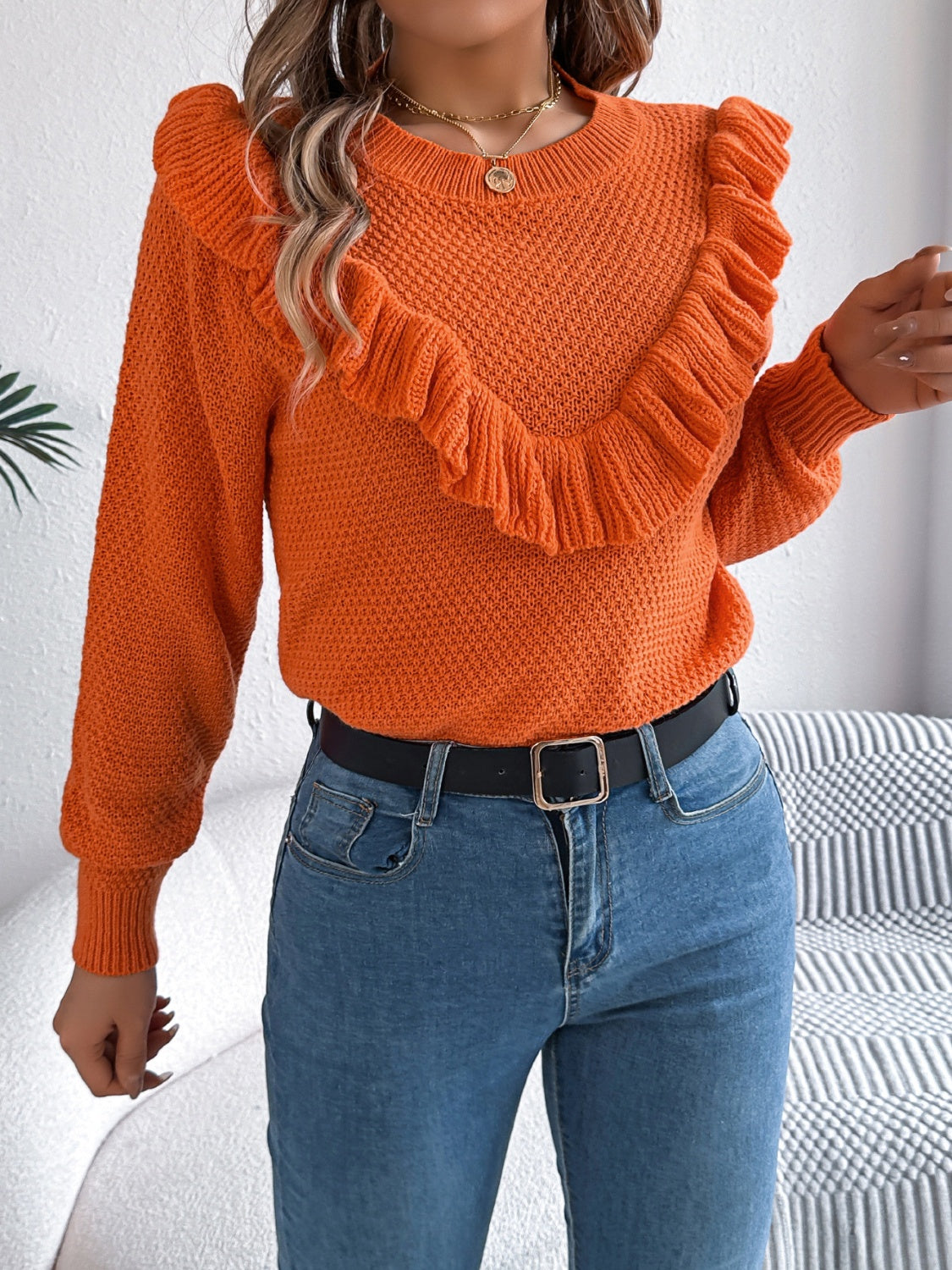 Women’s Ruffled Round Neck Long Sleeve Sweater