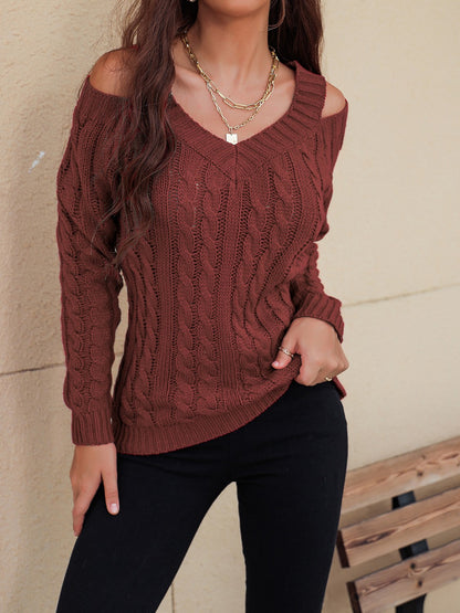 Honey Cable-Knit V-Neck Cold Shoulder Sweater.