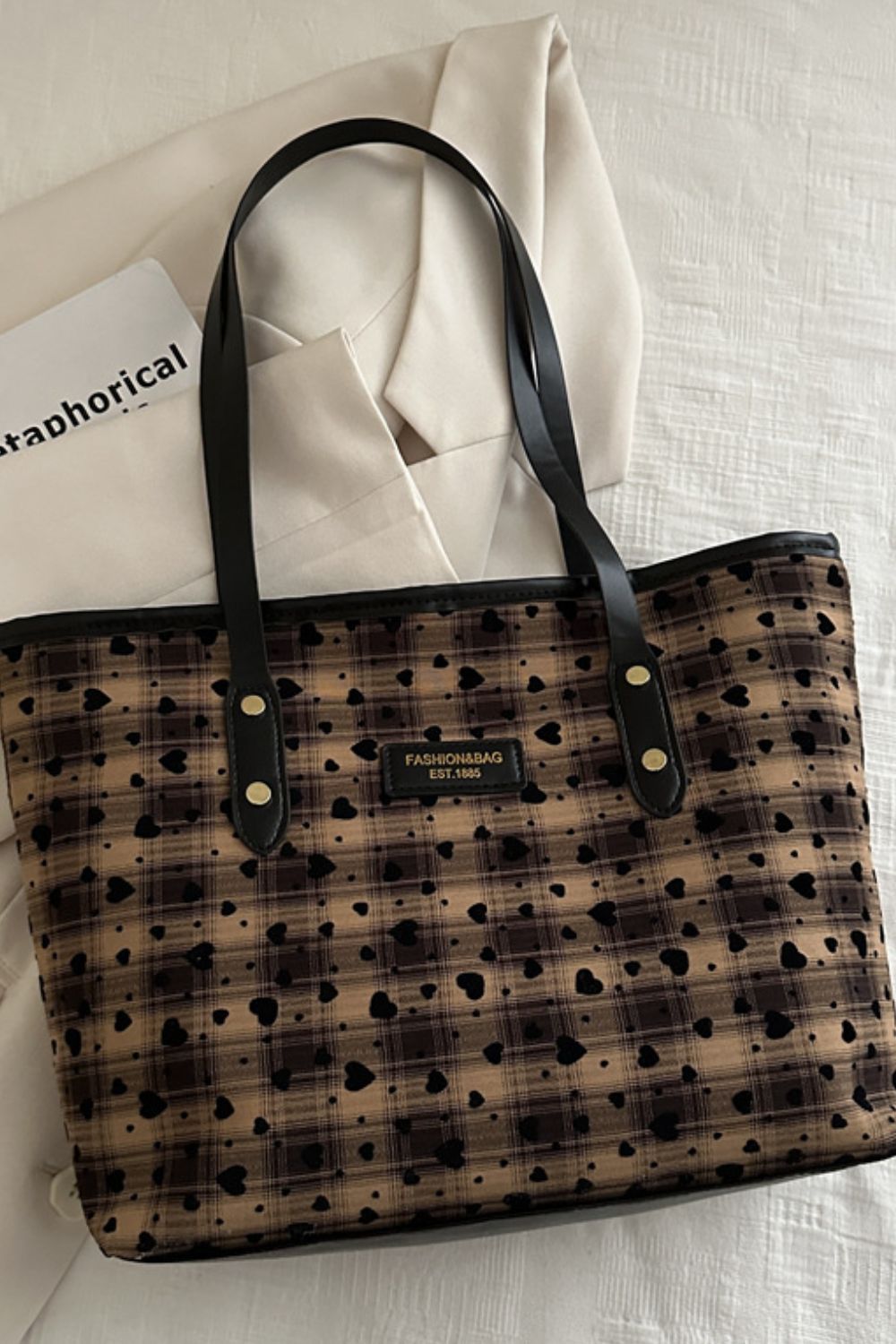 Heart Plaid Leather Strap Tote Bag