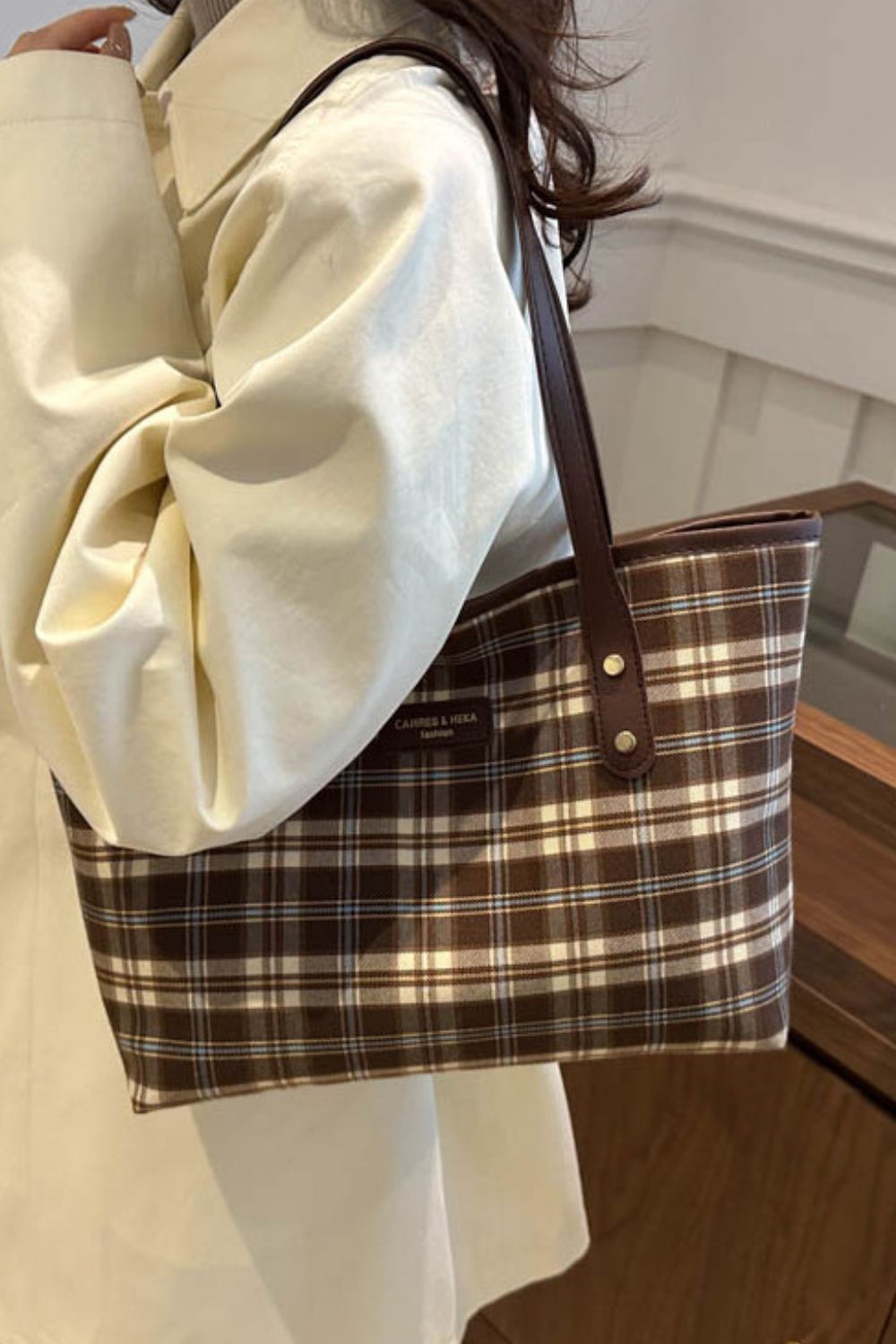 Plaid Leather Tote Bag