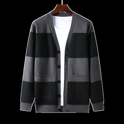 Men's Striped Cardigan Single-breasted Long Sleeve.