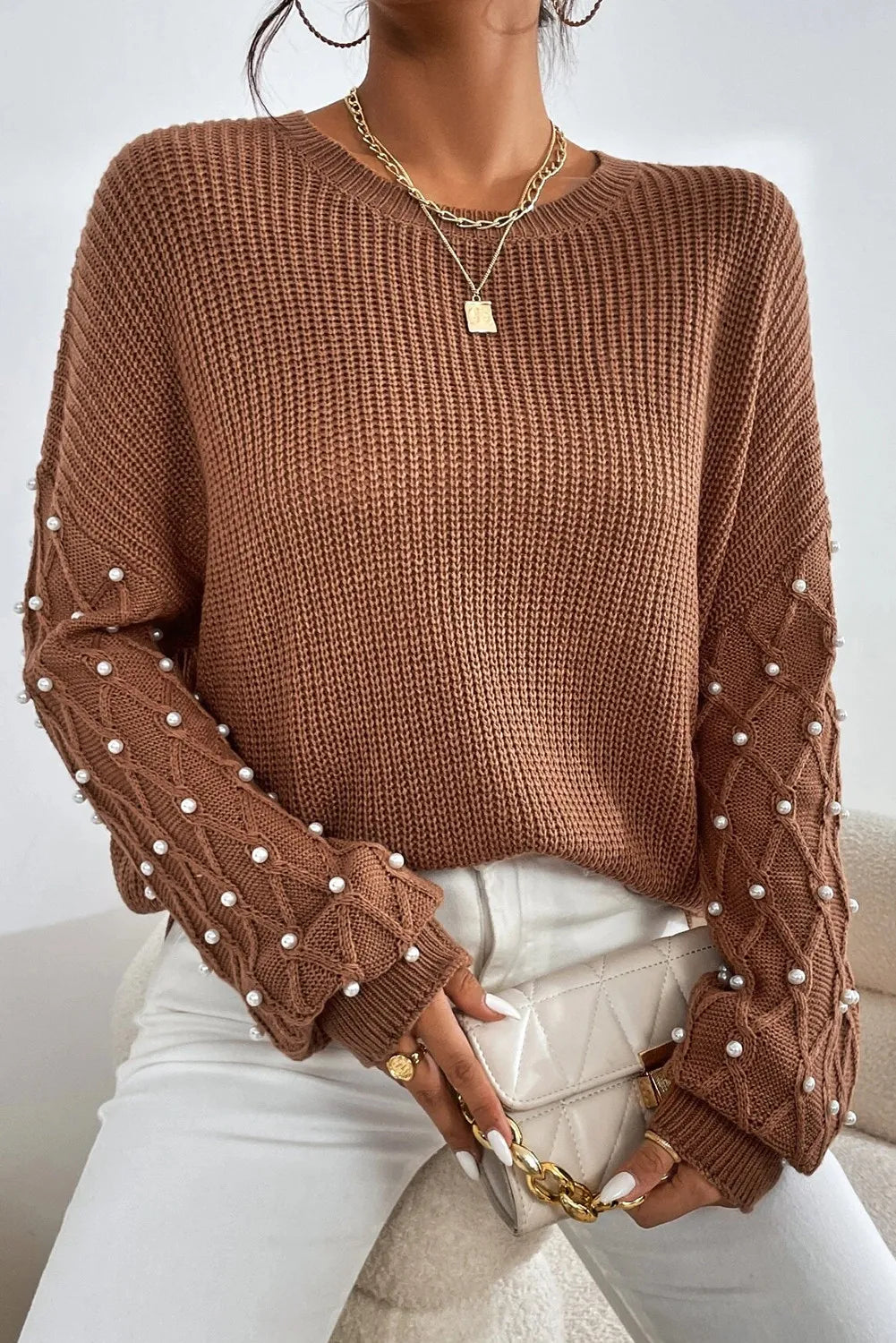 Pearl Detail Round Neck Long Sleeve Sweater.