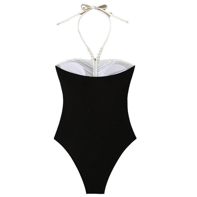 Pearl Spaghetti Straps One-piece Swimsuit Slimming Women