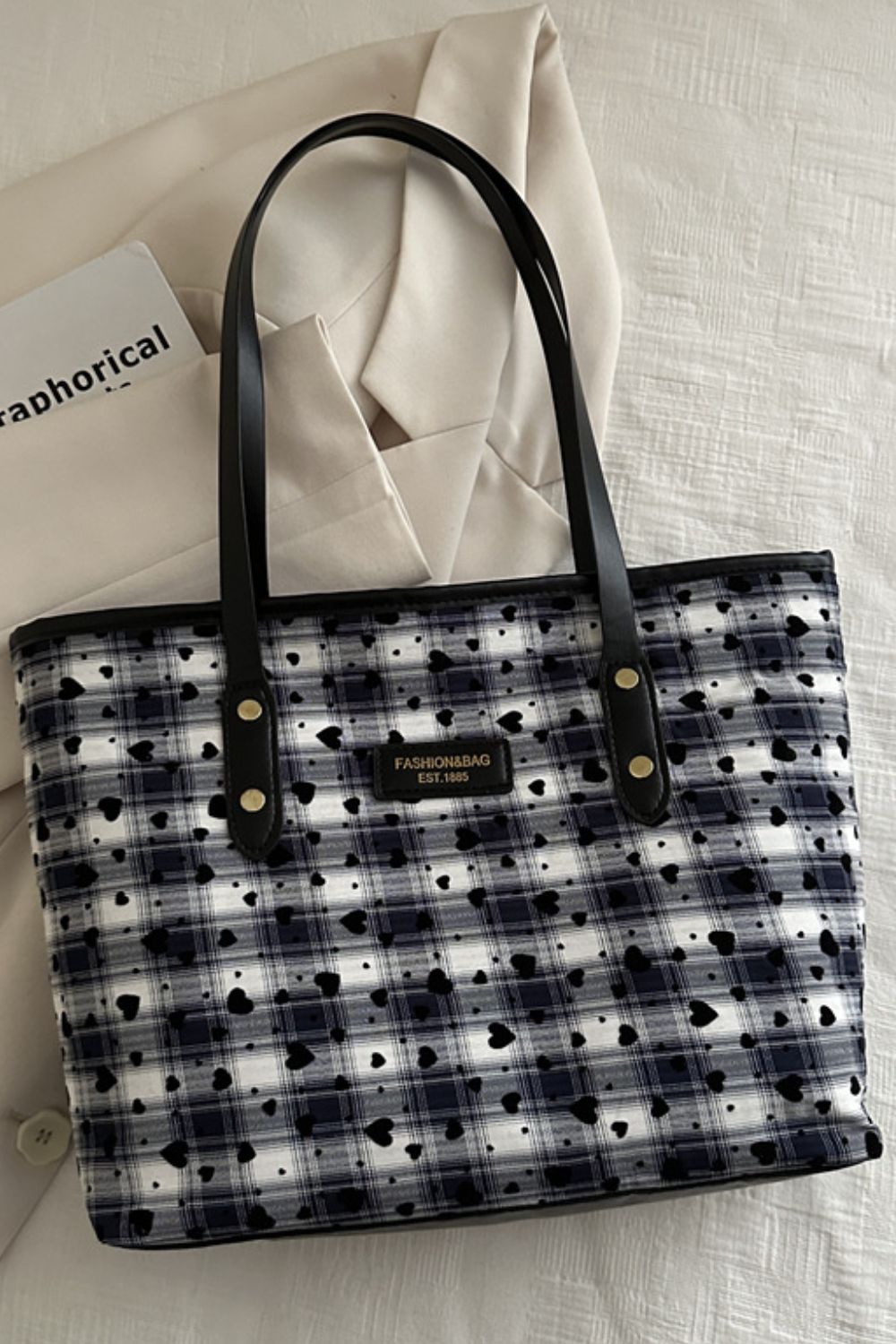 Heart Plaid Leather Strap Tote Bag