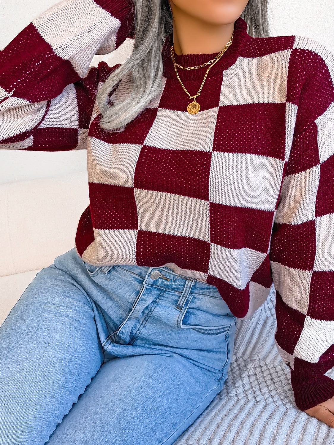 Women’s Checkered Long Sleeve Sweater