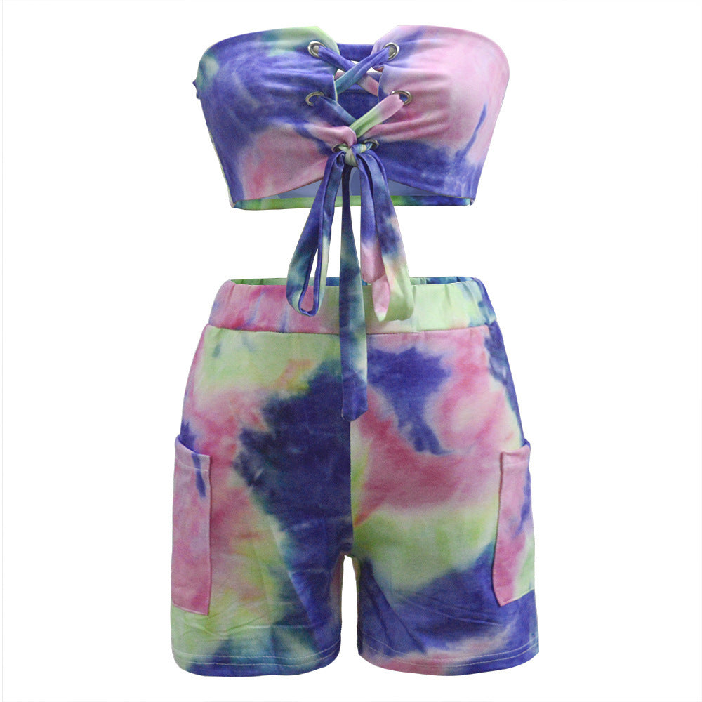 Tie-dye Printed Lace-up Tube Top /Shorts