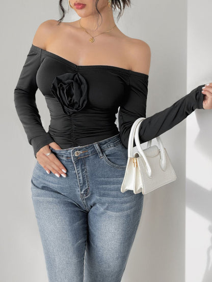 Women’s Ruched Flower Off-Shoulder Long Sleeve Bodysuit