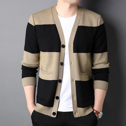 Men's Striped Cardigan Single-breasted Long Sleeve.