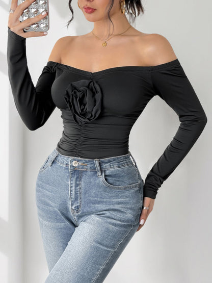 Women’s Ruched Flower Off-Shoulder Long Sleeve Bodysuit