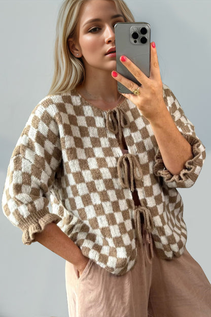 Women’s Checkered Dropped Shoulder Flounce Sleeve Cardigan