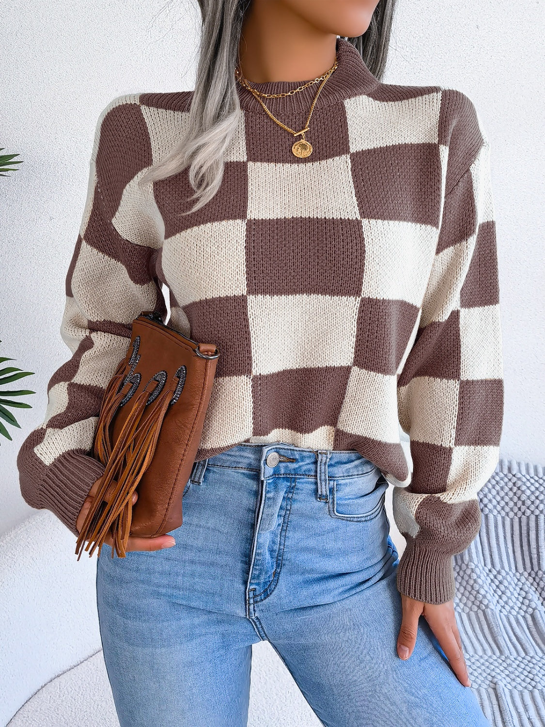 Women’s Checkered Long Sleeve Sweater