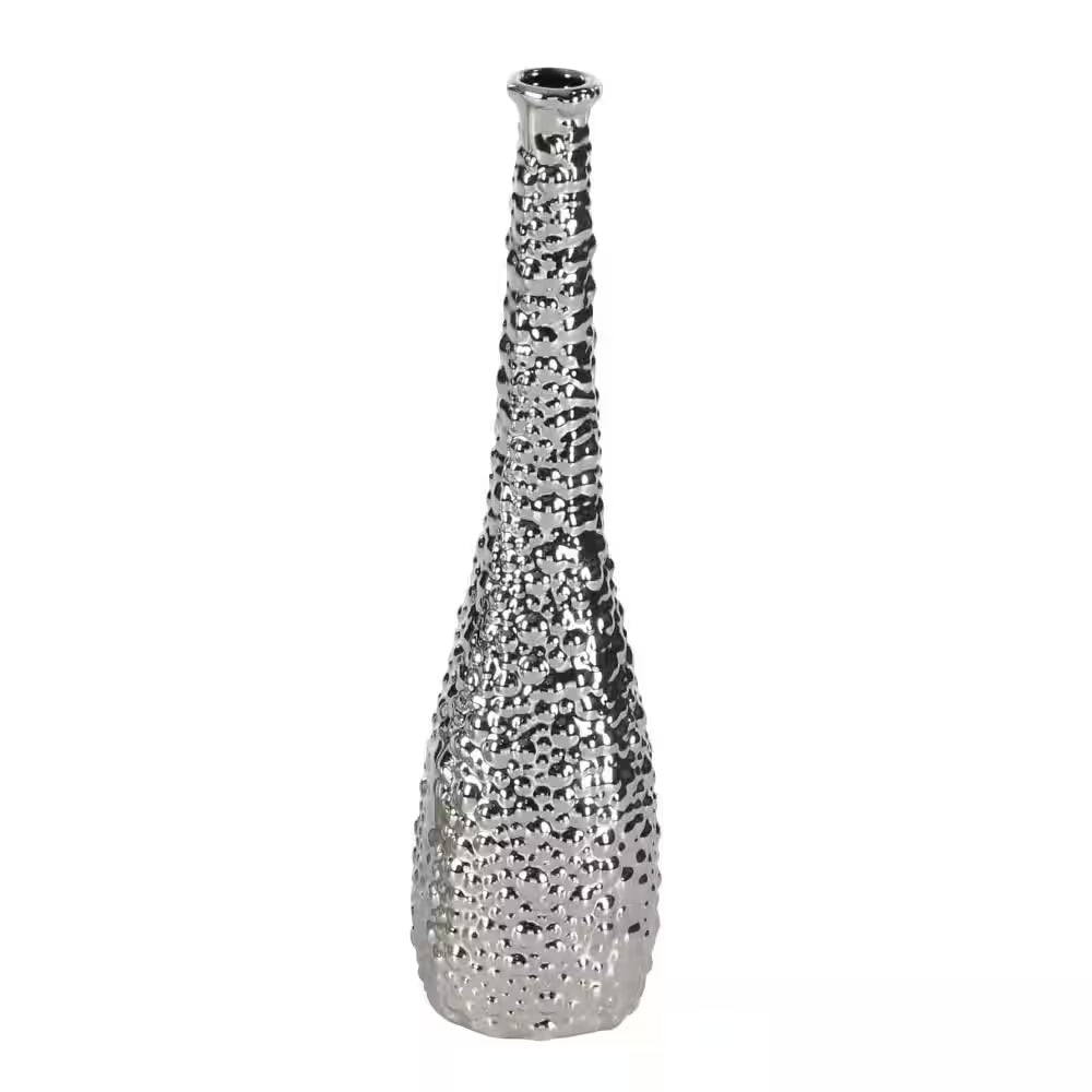 3 In., 12 In. Silver Slim Textured Bottleneck Ceramic Decorative Vase with Varying Patterns (Set of 3)