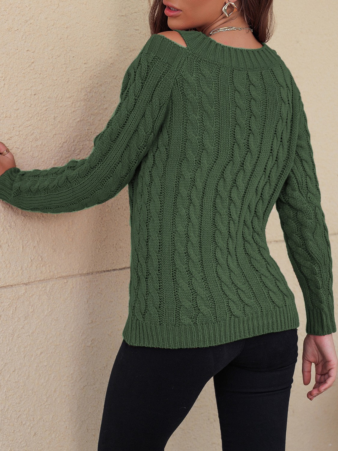 Honey Cable-Knit V-Neck Cold Shoulder Sweater.