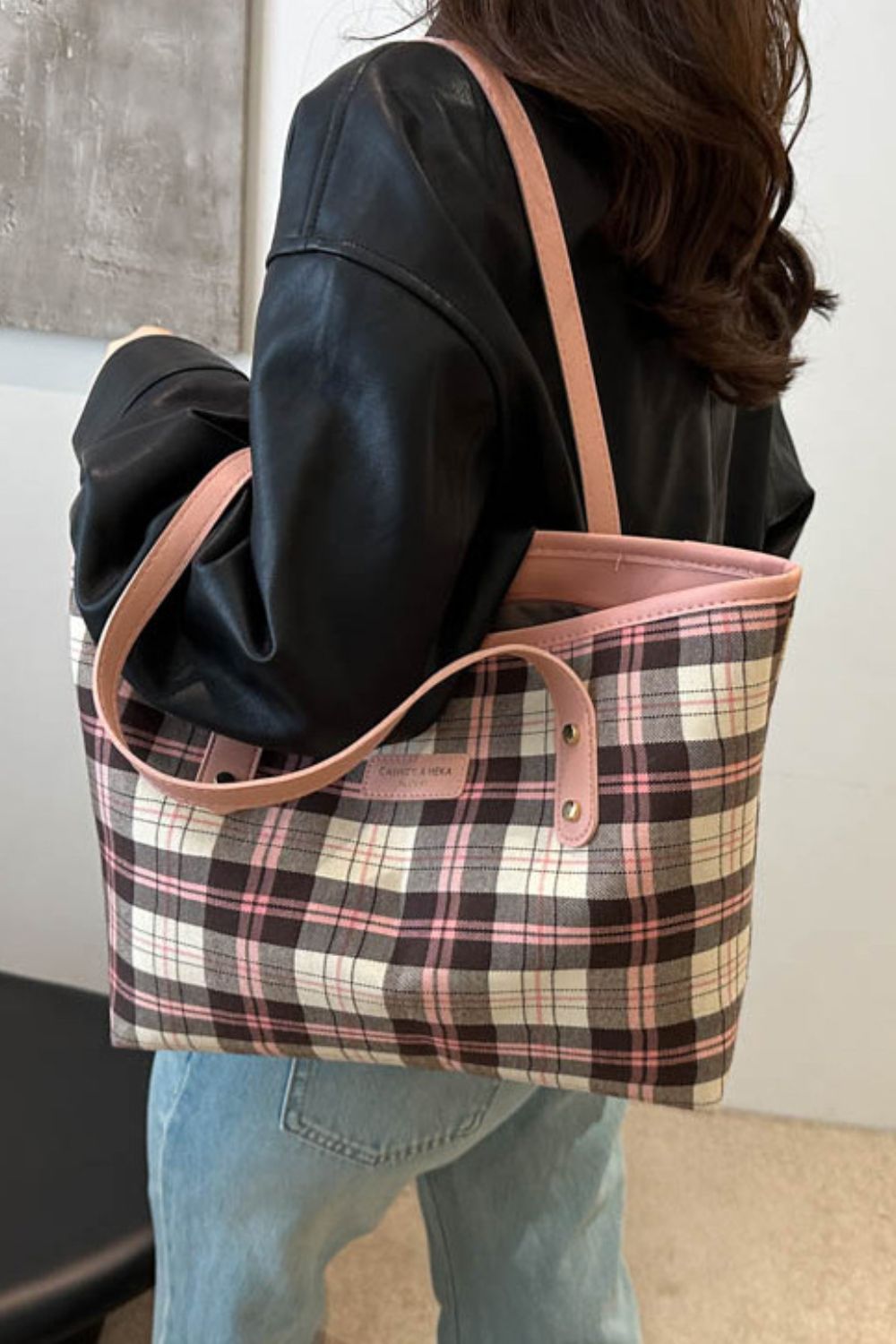 Plaid Leather Tote Bag