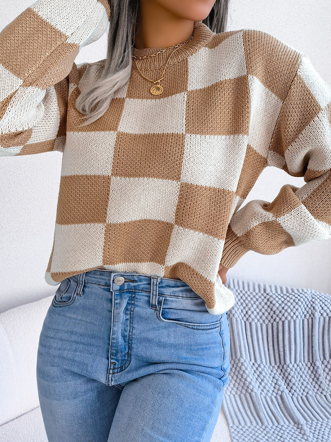 Women’s Checkered Long Sleeve Sweater