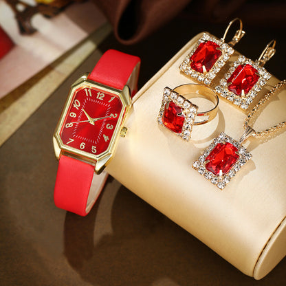 Women's Watch Square Necklace Earrings Ring Set