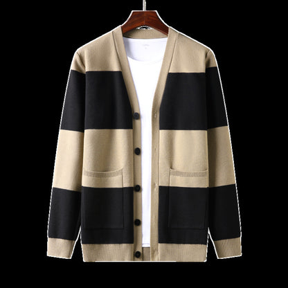 Men's Striped Cardigan Single-breasted Long Sleeve.