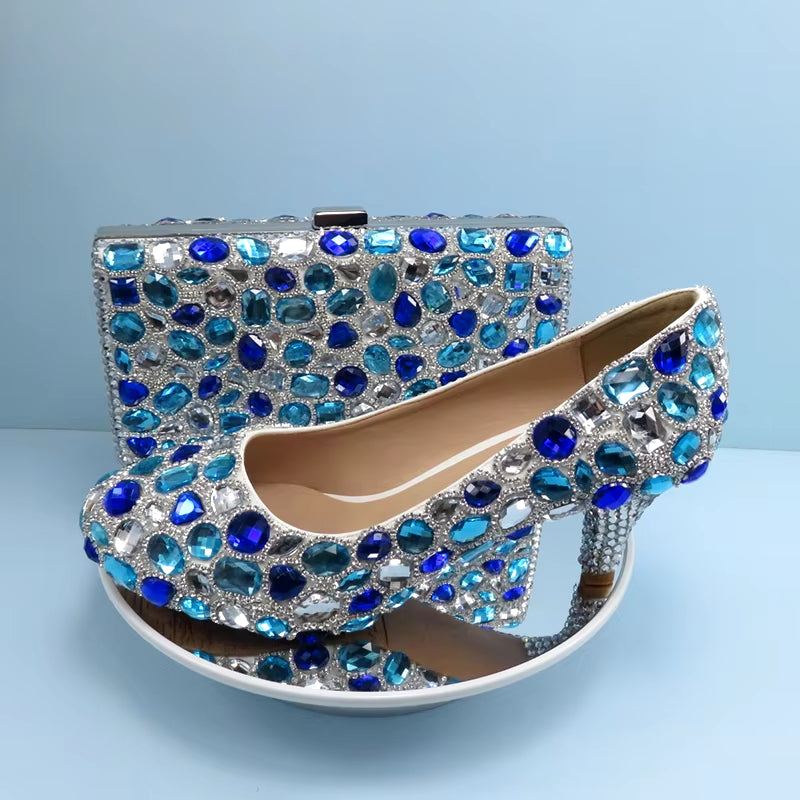 Love Moments Sea Blue Crystal Ladies Wedding Shoes with Matching Bags Galosh Para High Heels Platform Shoes Woman Shoes and Bags