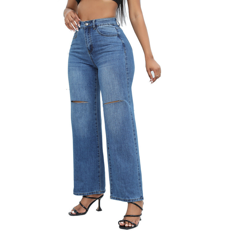 Women’s Elegant Ripped Wide-leg Jeans