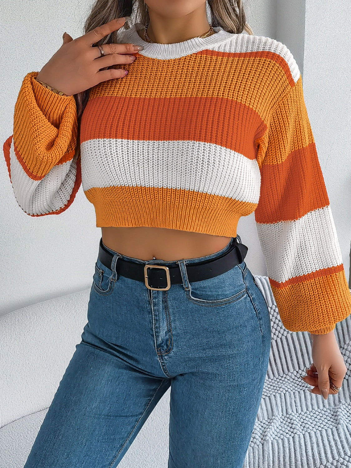 Women’s Color Block Round Neck Cropped Sweater